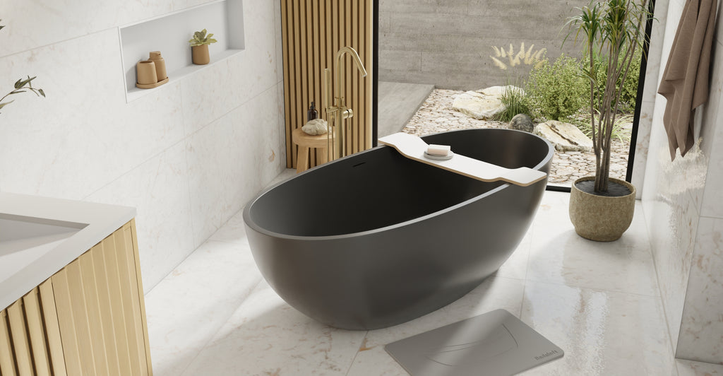 Badeloft BW-10-XL-BLK glossy black freestanding bathtub, lifestyle view 6
