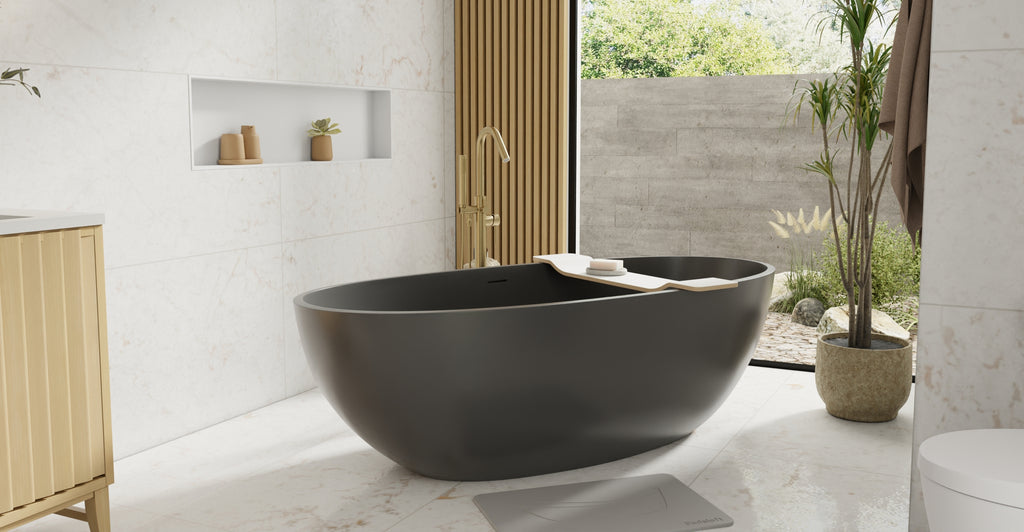 Badeloft BW-10-XL-BLK glossy black freestanding bathtub, lifestyle view 5