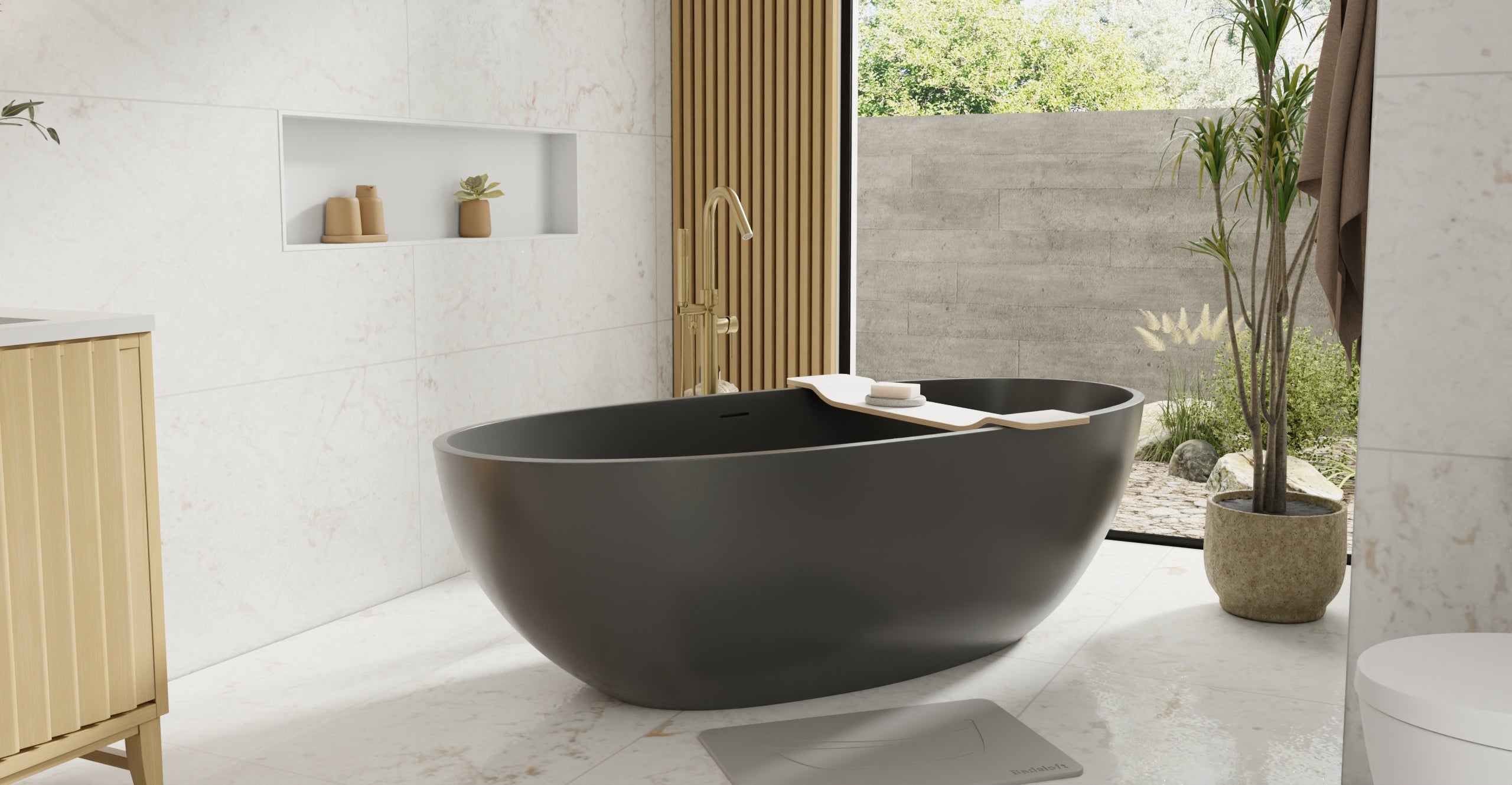 Badeloft BW-10-XL-BLK glossy black freestanding bathtub, lifestyle view 5