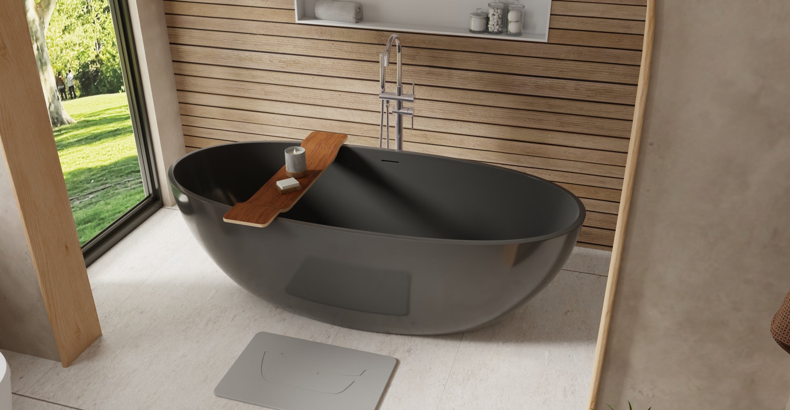 Badeloft BW-10-XL-BLK glossy black freestanding bathtub, lifestyle view 3