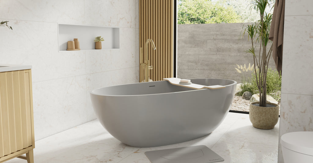 Badeloft BW-10-XL-GRY glossy grey freestanding bathtub, lifestyle view 5
