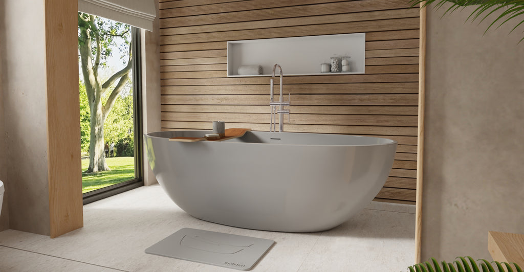 Badeloft BW-10-XL-GRY glossy grey freestanding bathtub, lifestyle view 2