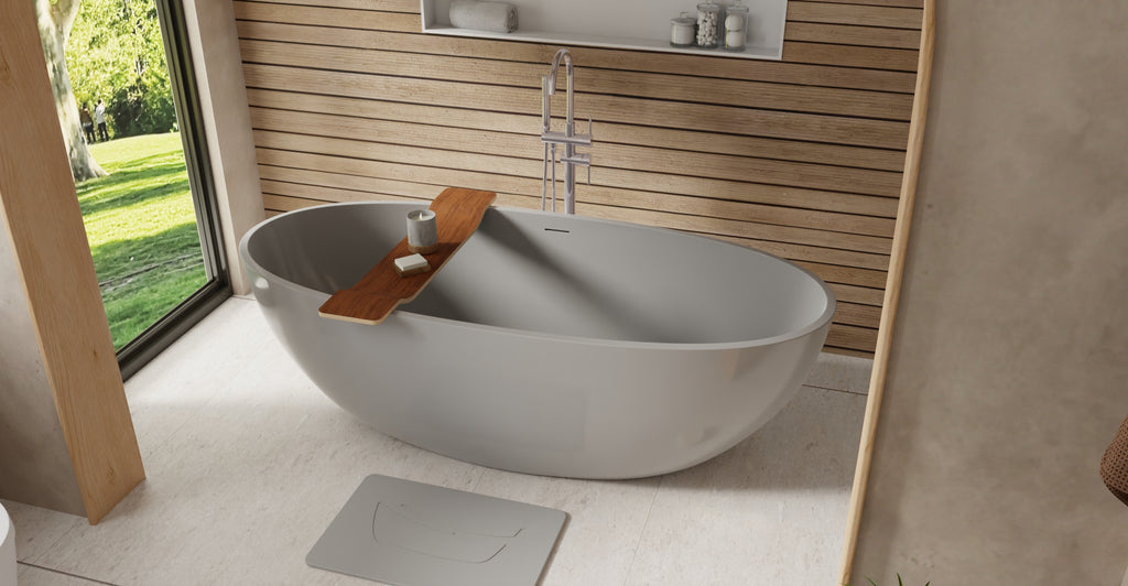 Badeloft BW-10-XL-GRY glossy grey freestanding bathtub, lifestyle view 3