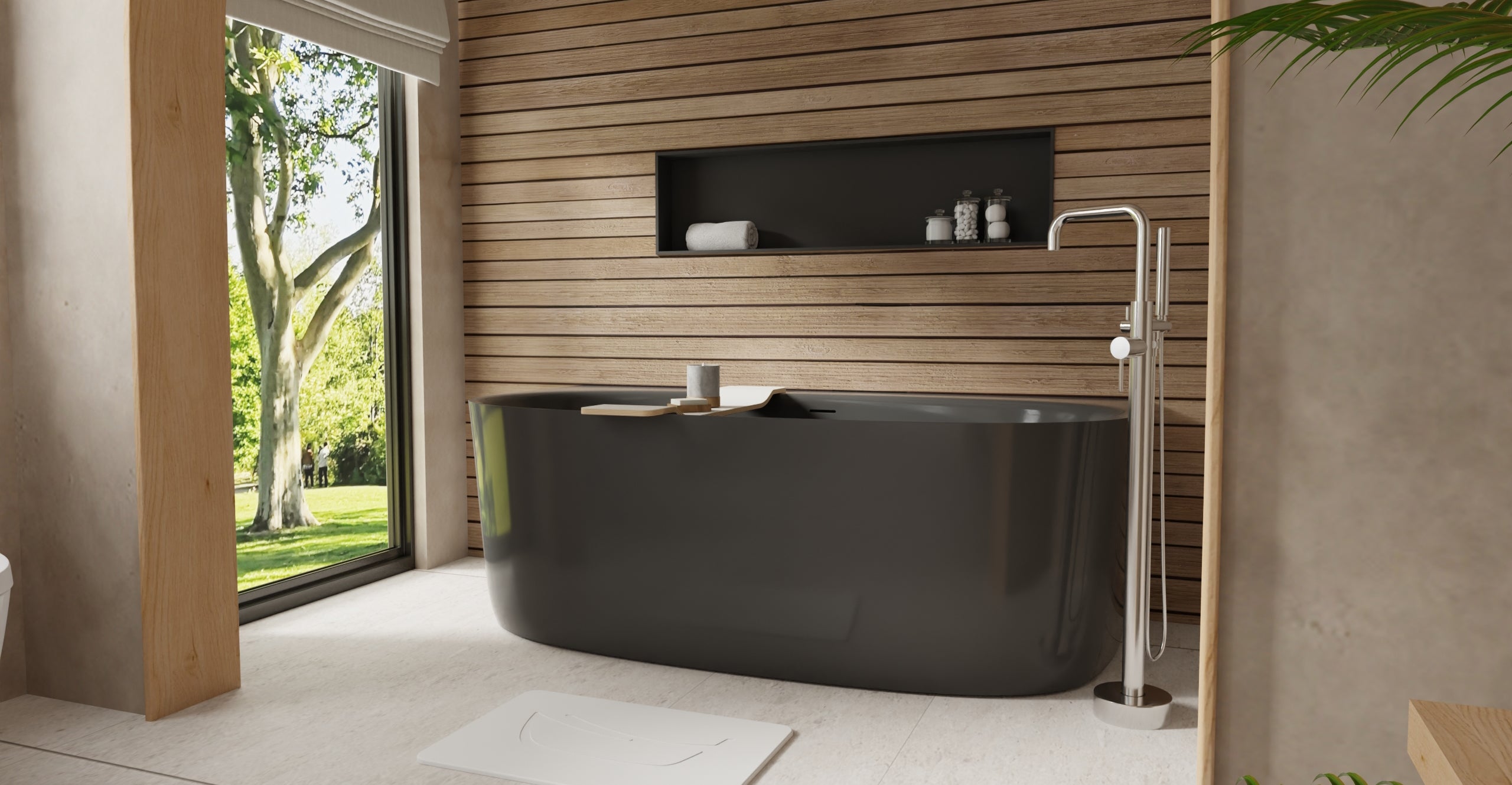 Badeloft BW-11-GRY glossy grey freestanding bathtub, lifestyle view 2