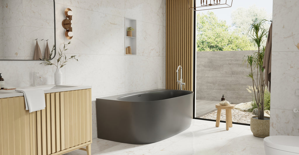 Badeloft BW-11-GRY glossy grey freestanding bathtub, lifestyle view 4