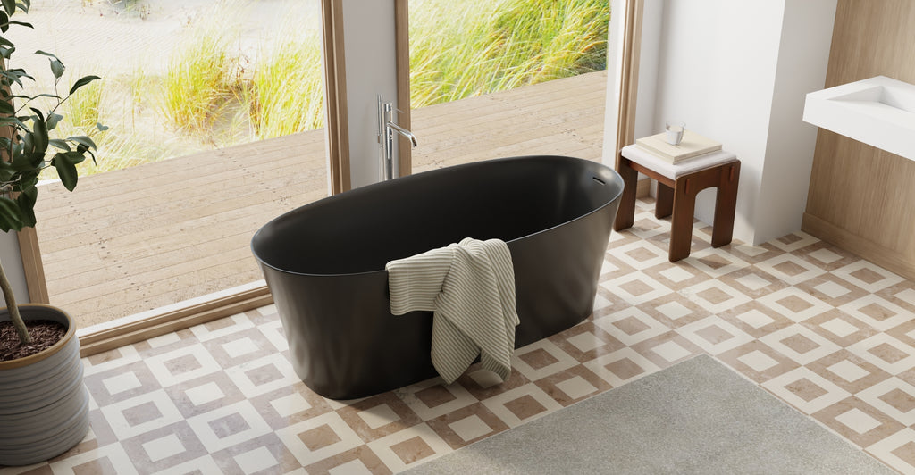 Badeloft BW-12-BLK glossy black freestanding bathtub, lifestyle view 7