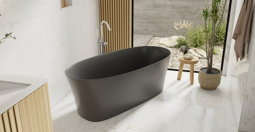 Badeloft BW-12-BLK glossy black freestanding bathtub, lifestyle view 6