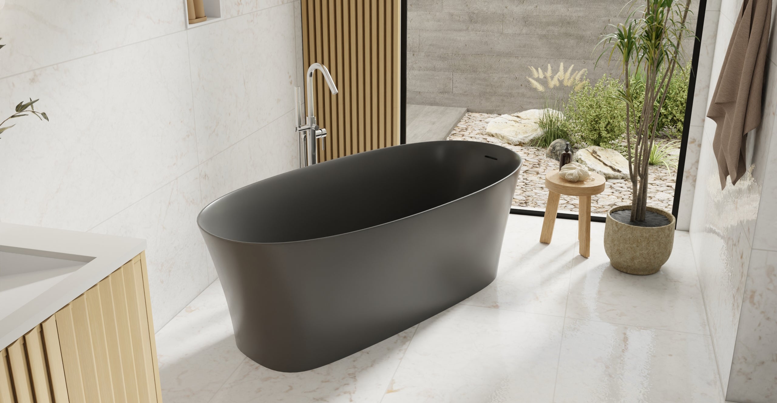 Badeloft BW-12-BLK glossy black freestanding bathtub, lifestyle view 6