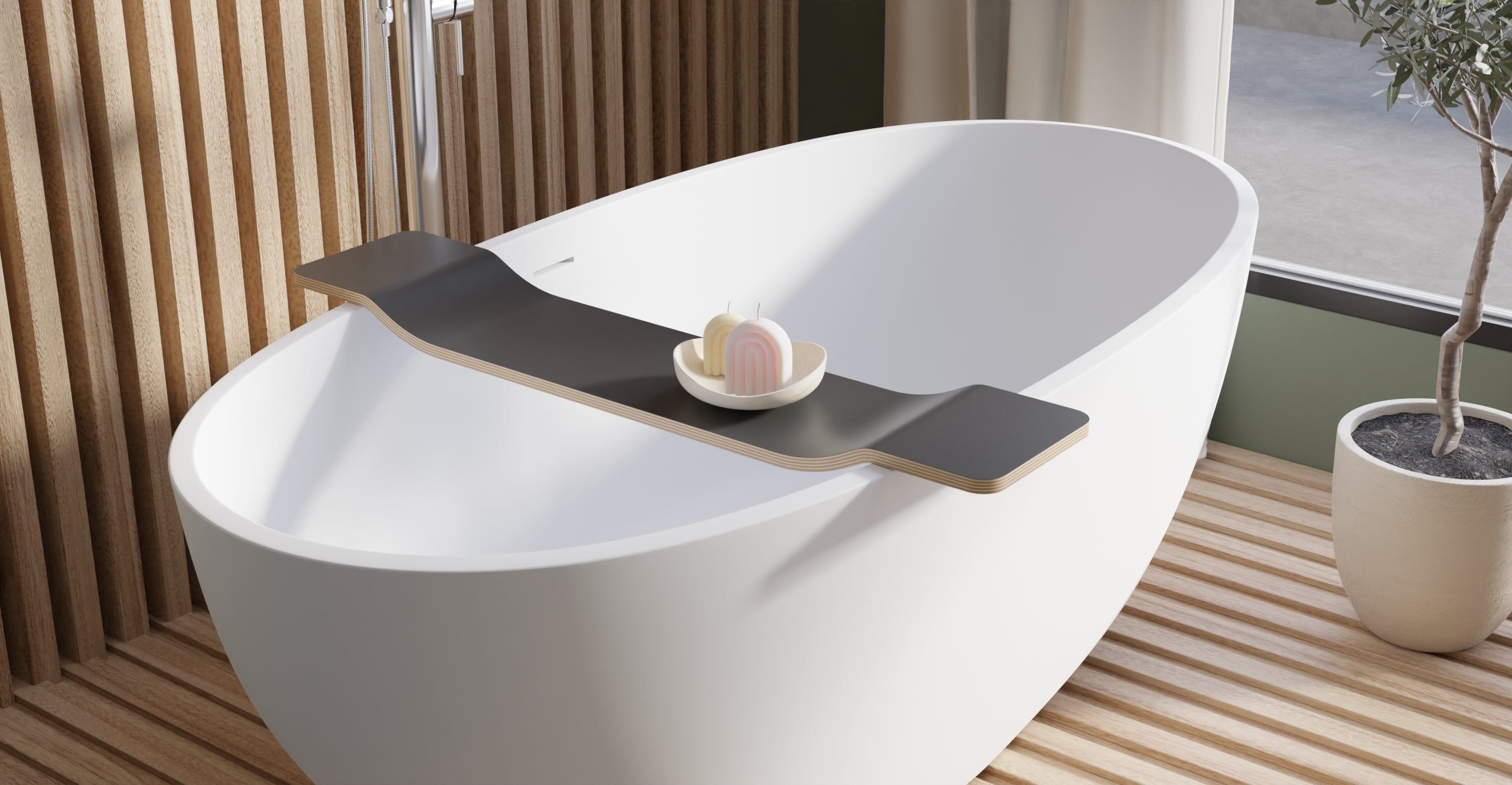 BWA-01 bathtub caddy in Black, bathroom view