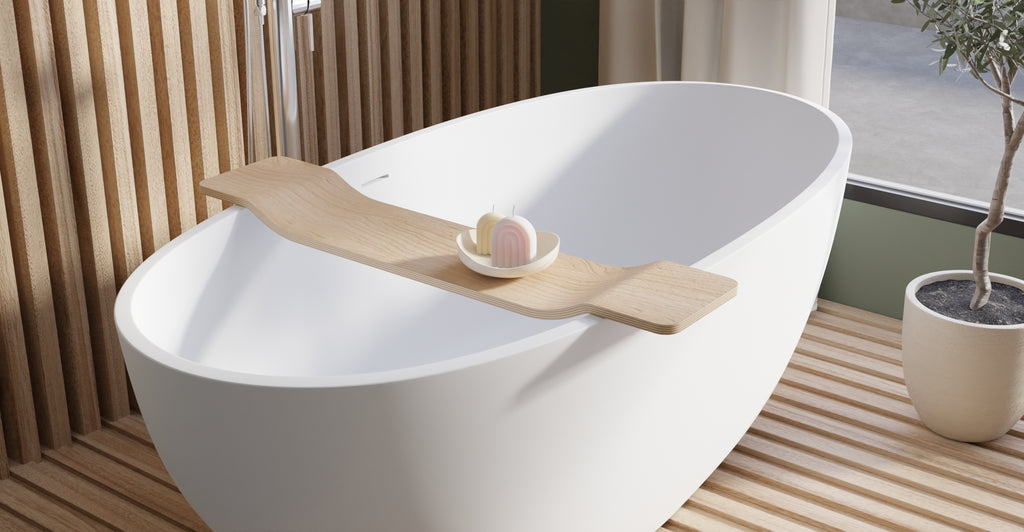 BWA-01 bathtub caddy in Natural, bathroom view