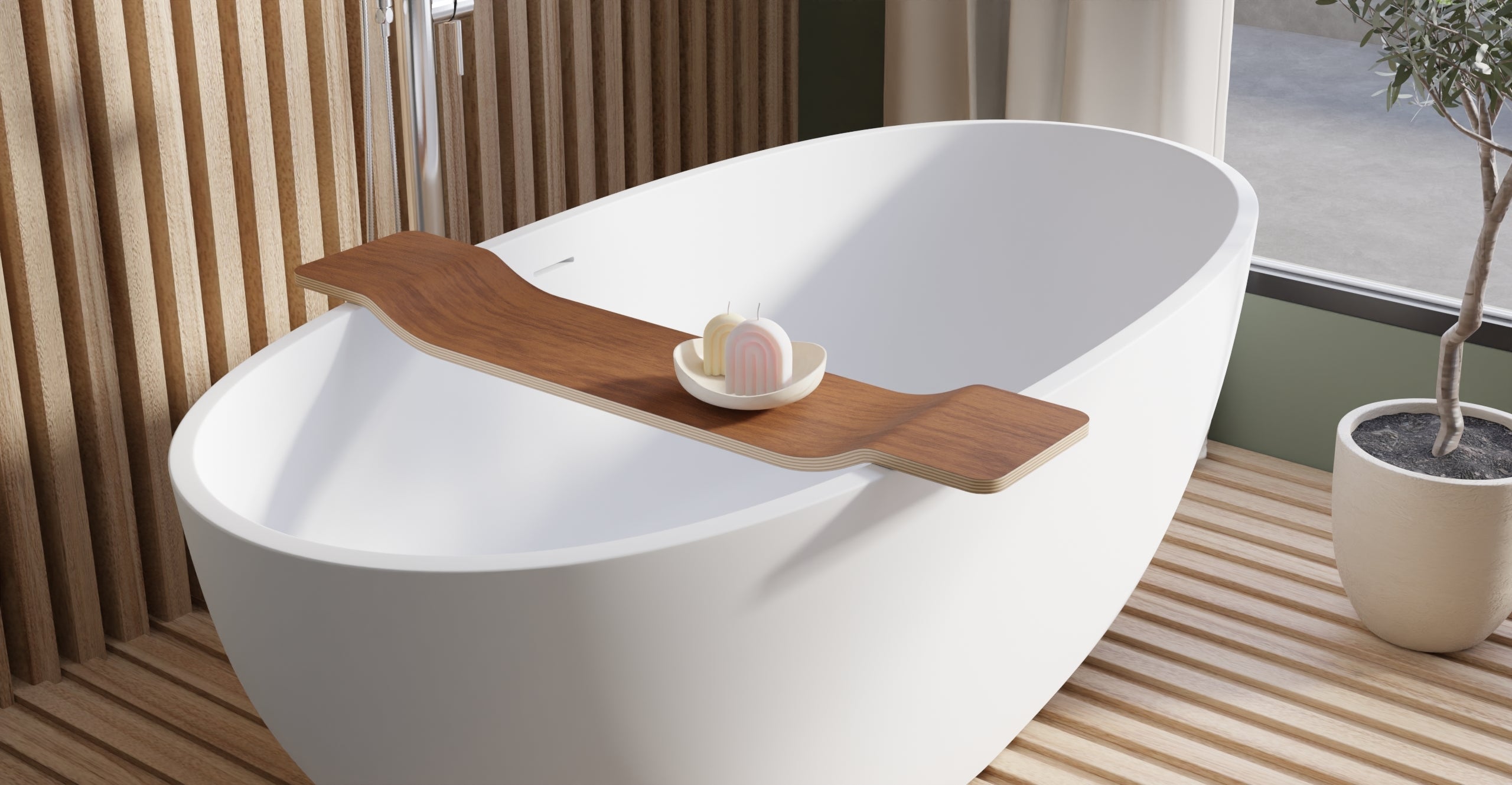 BWA-01 bathtub caddy in Walnut, bathroom view