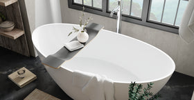 BWA-01 bathtub caddy in Black, bathroom view