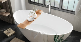 BWA-01 bathtub caddy in Walnut, bathroom view