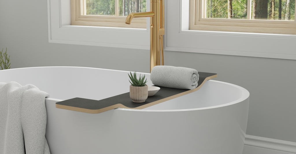 BWA-01 bathtub caddy in Black, bathroom view