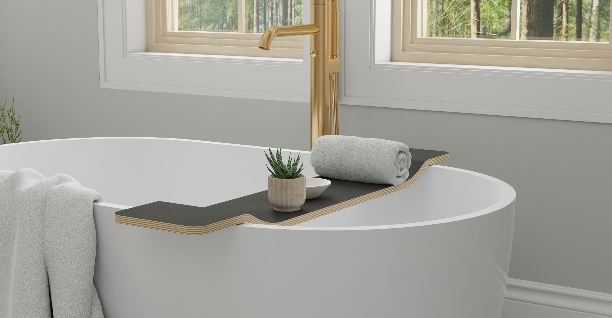 BWA-01 bathtub caddy in Black, bathroom view