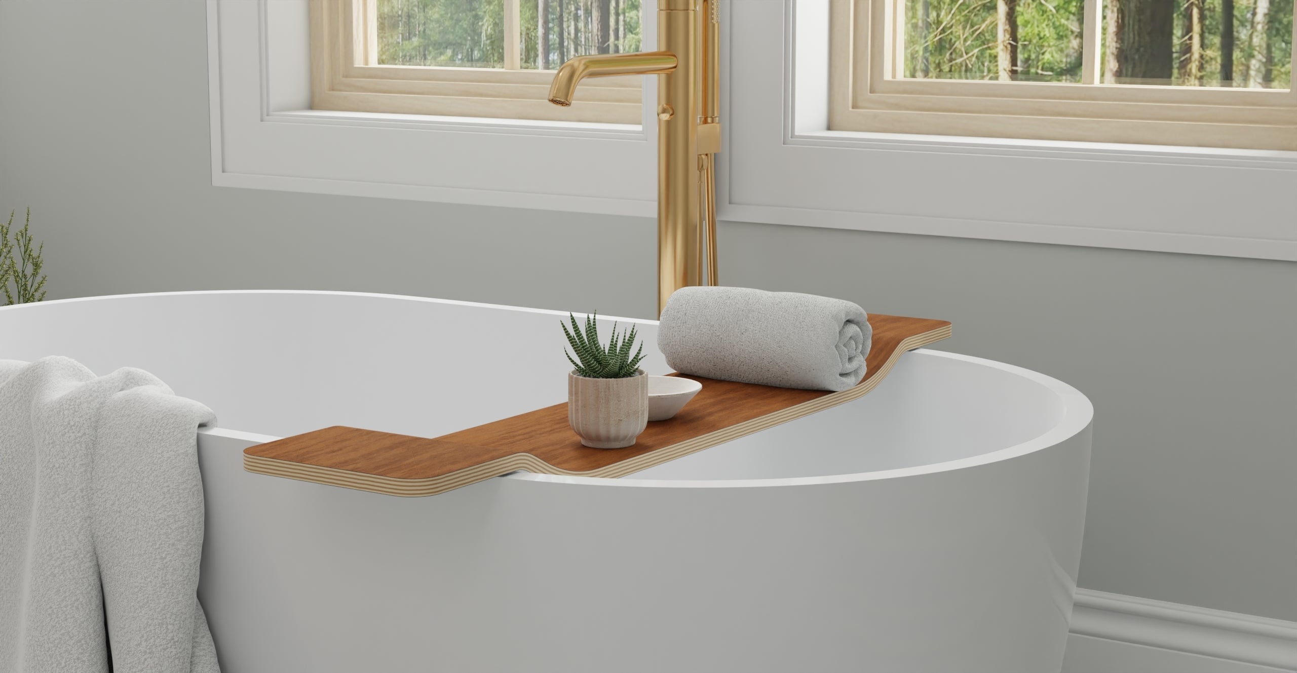 BWA-01 bathtub caddy in Walnut, bathroom view