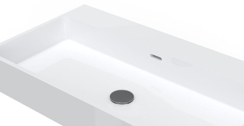 Badeloft WT-01-L glossy white wall-mounted sink, close-up of basin, drain and overflow