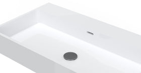 Badeloft WT-01-L glossy white wall-mounted sink, close-up of basin, drain and overflow
