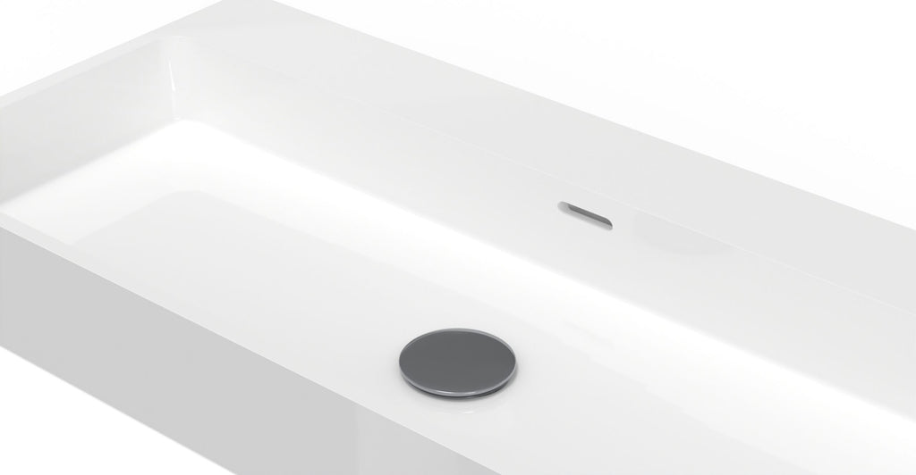 Badeloft WT-01-XL glossy white wall-mounted sink, close-up of basin, drain and overflow