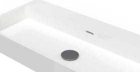 Badeloft WT-01-XL glossy white wall-mounted sink, close-up of basin, drain and overflow