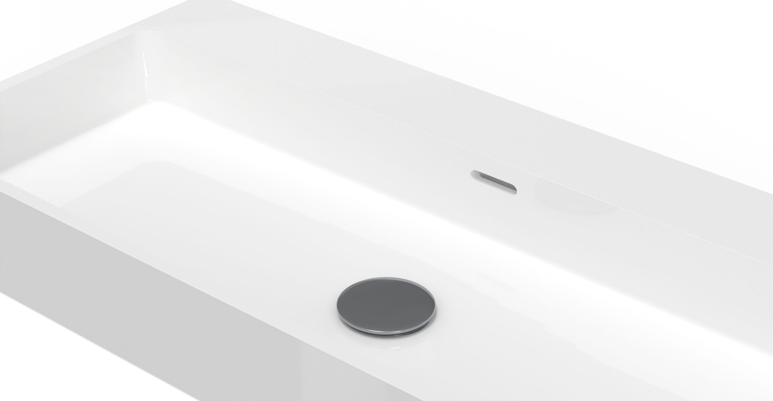 Badeloft WT-01-XL glossy white wall-mounted sink, close-up of basin, drain and overflow