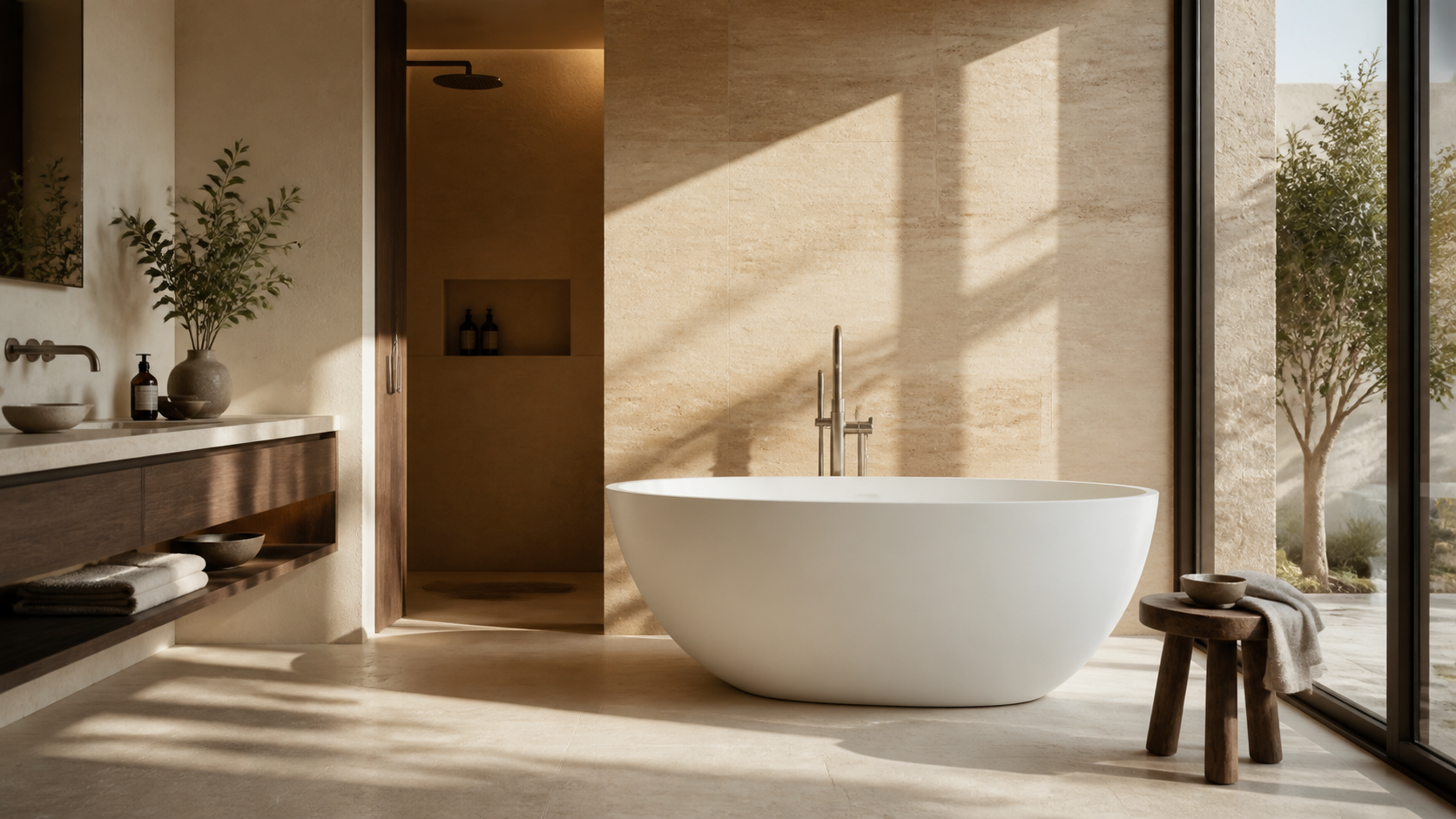 Badeloft BW-01-S bathtub in a sunlit limestone bathroom