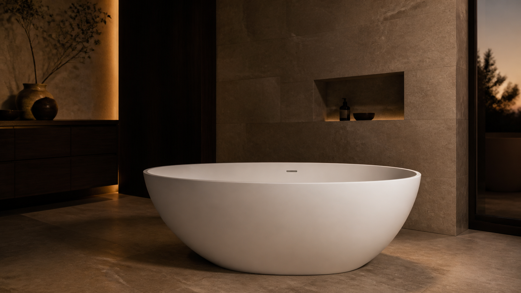 A Badeloft BW-01-S freestanding bathtub in a warm, moody bathroom
