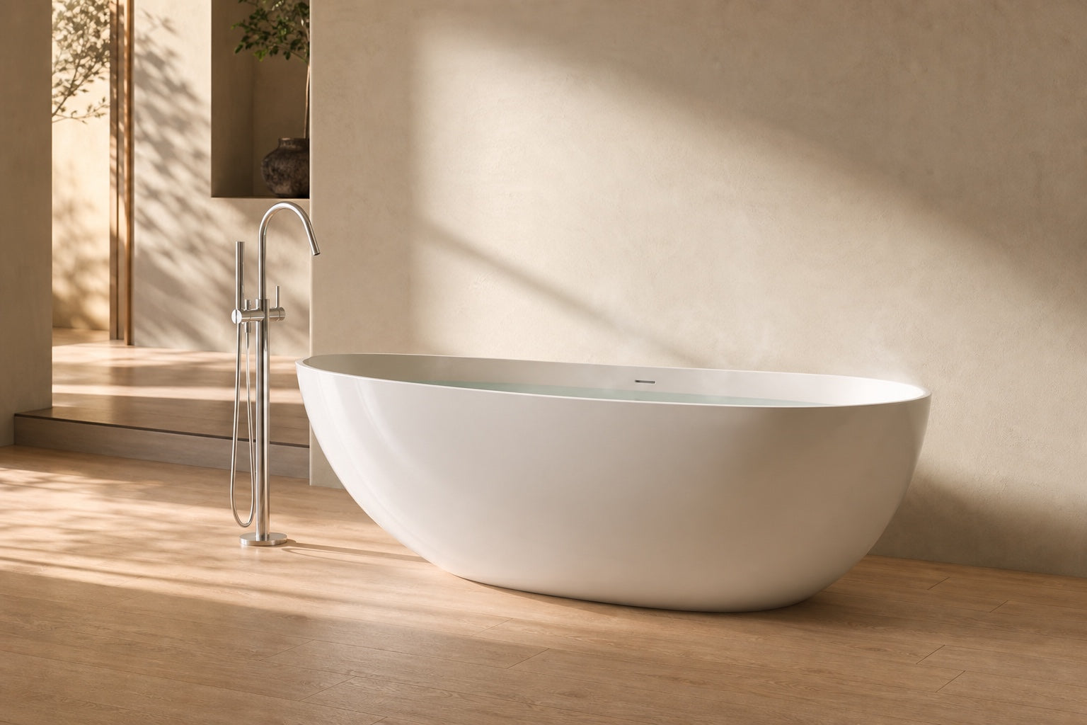 Glossy white BW-01-XL bathtub filled with warm water in soft morning light