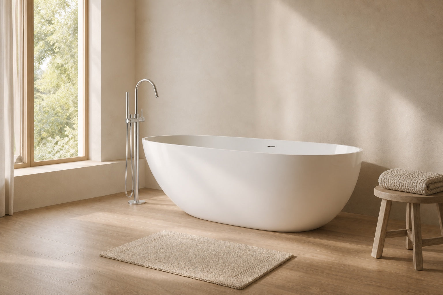 Glossy white BW-01-XL bathtub in a warm bathroom prepared for everyday use