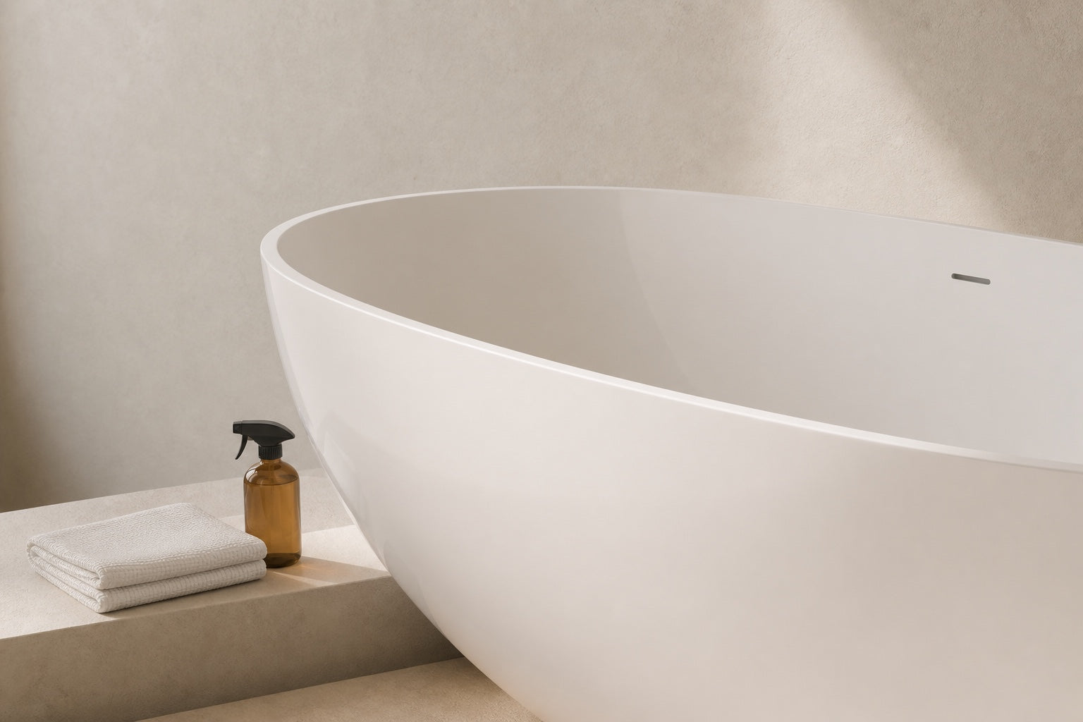 Glossy white BW-01-XL bathtub beside a soft cloth and simple care bottle