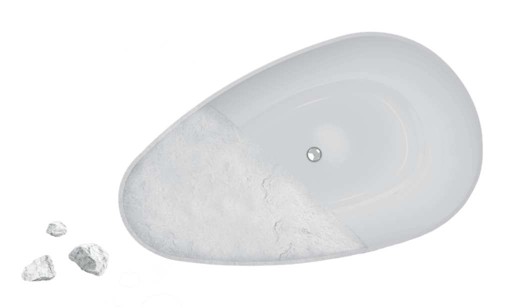 Top-down stone resin bathtub with the raw mineral core revealed, showing its 65% calcium carbonate and 35% resin structure and gelcoat finish