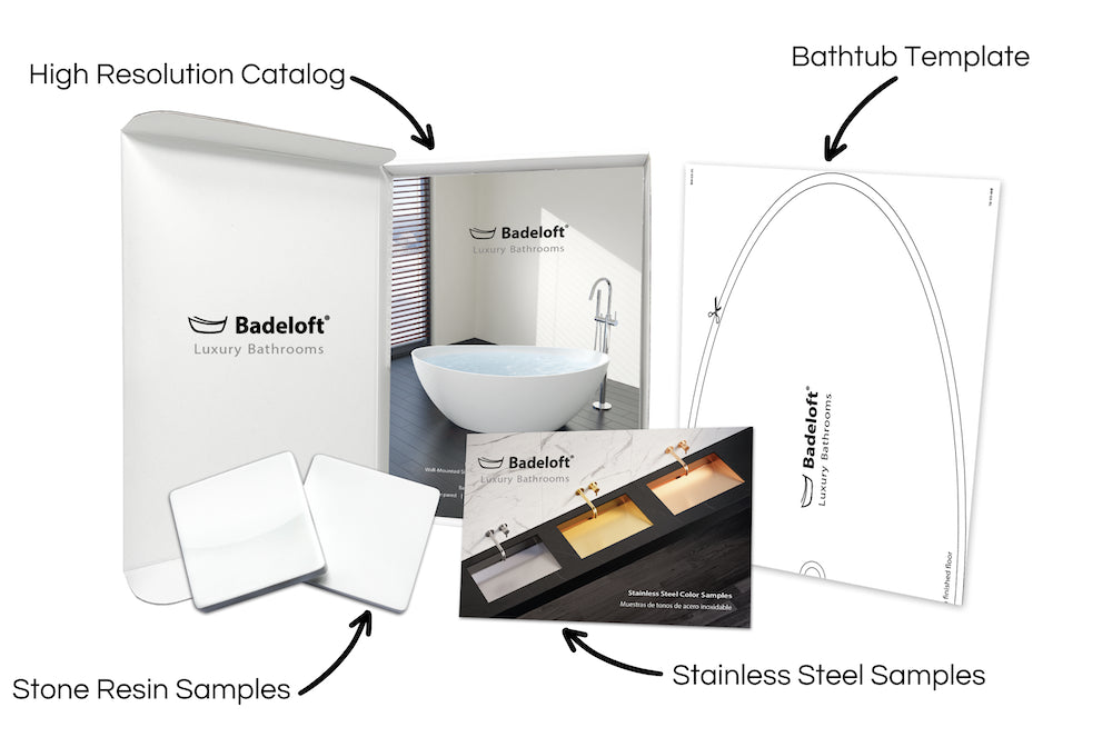 Badeloft sample kit with catalog, stone resin samples, stainless steel samples, and bathtub template