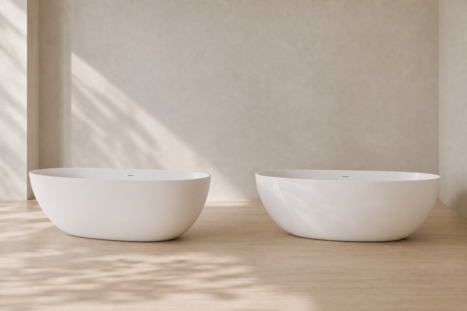 Two identical BW-01-XL bathtubs showing matte and glossy white finishes